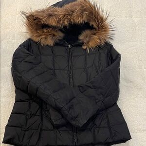 Marc New York by Andrew Marc black hooded duck down jacket. Real fur hood trim L
